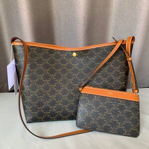 Celine Triomphe Canvas Calfskin Shopper Tote Tan